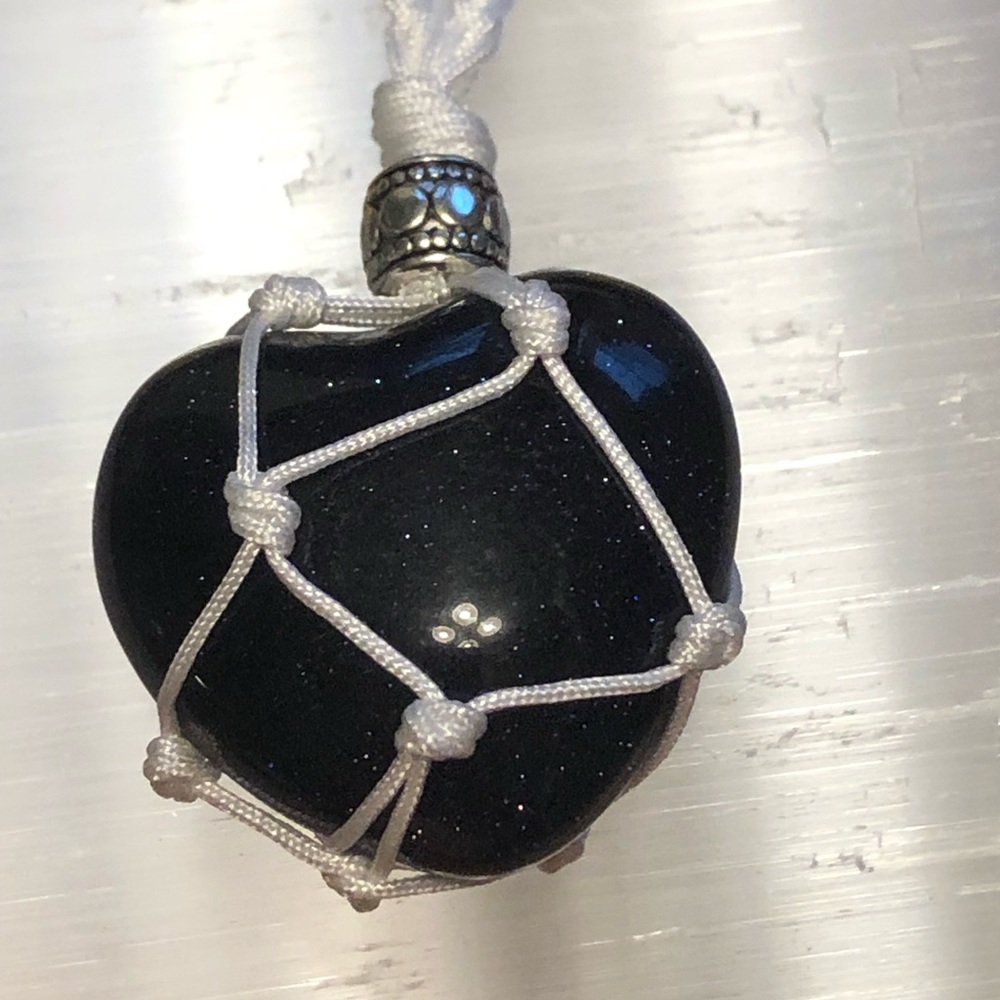 Blue goldstone heart pendant necklace handmade macrame crystal pouch